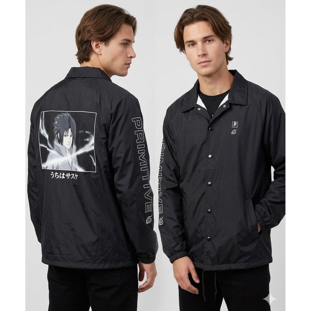 Primitive x Naruto Men's Coach Jacket Sasuke Uchiha Black Windbreaker Medium‎